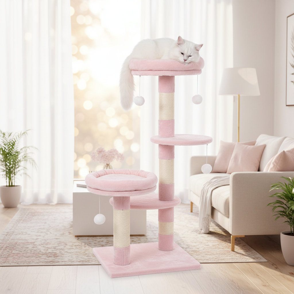 Premium pink cat tree in a cozy modern living room
