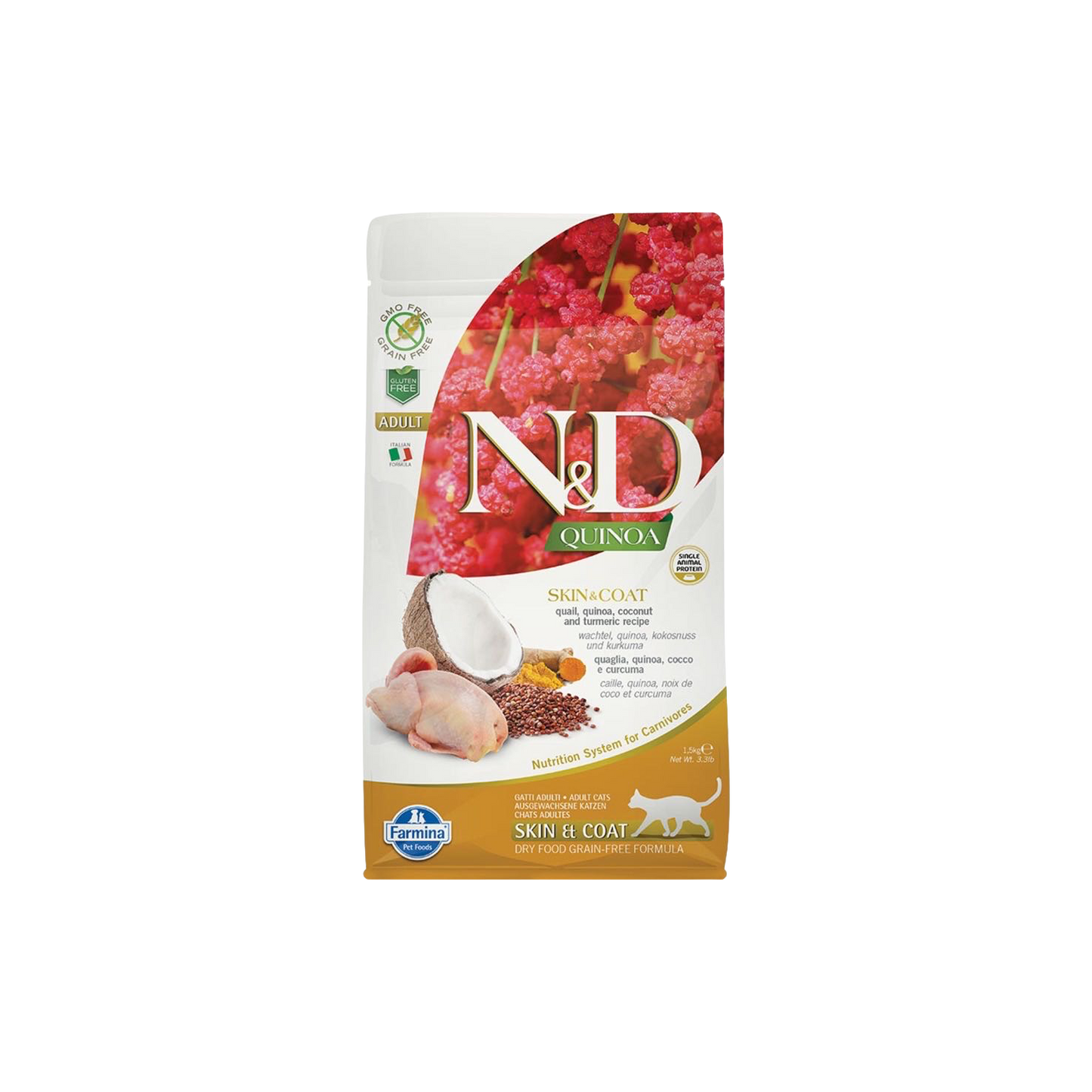 Farmina N&D Quinoa Skin & Coat Quail, Quinoa, Coconut & Turmeric Adult Dry Cat Food 11lb